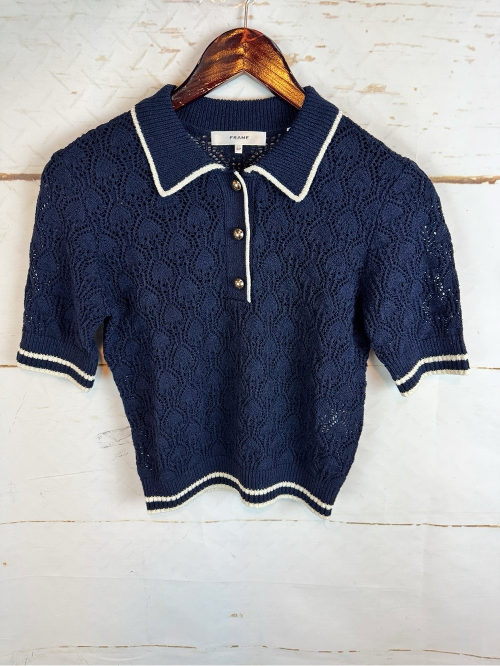 Frame | Navy and Cream Crochet Short Sleeve Knit Top, S - Picture 6 of 12